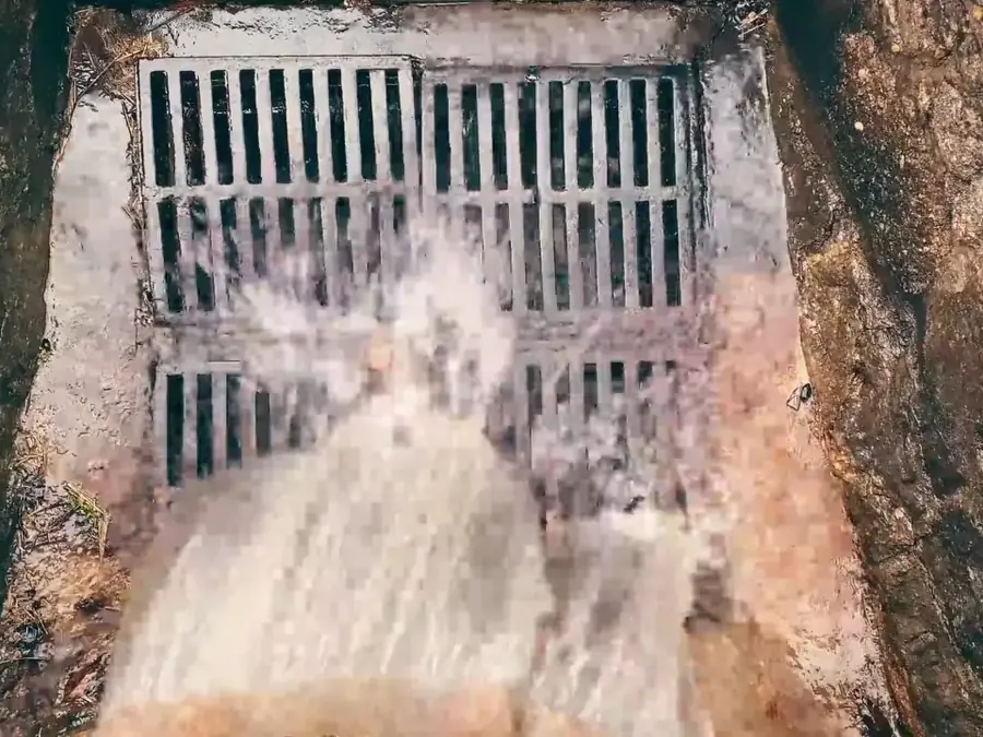 Água escoando por uma grelha de bueiro depois da desobstrução